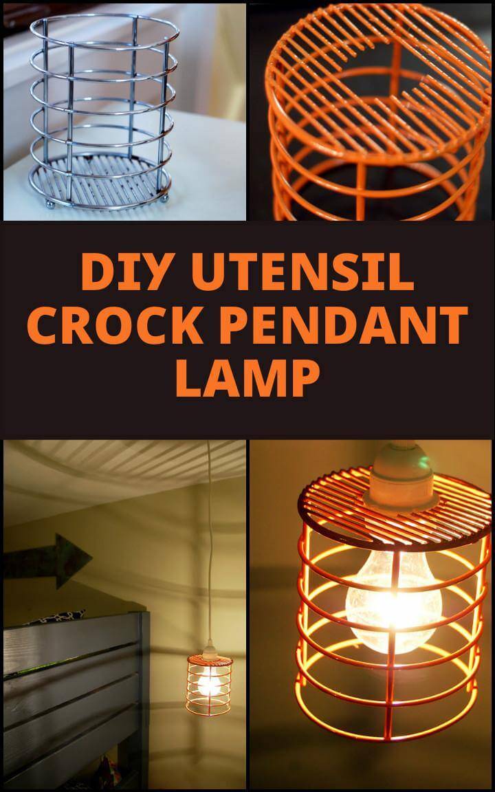 repurposed utensil crock pendant lamp